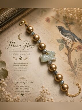 “Moon Hare” Artisan Bracelet | Carved Celadon Rabbit,Labradorite Bracelet